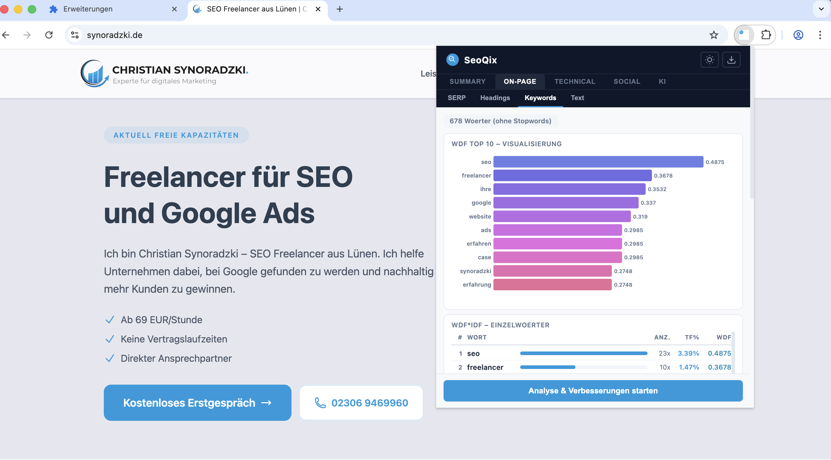 SeoQix Extension — WDF*IDF Keyword-Analyse